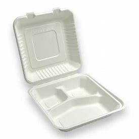 BAGASSE HINGED CONTAINER 9X9X3 - 3 COMPARTMENT - 2X100PCS