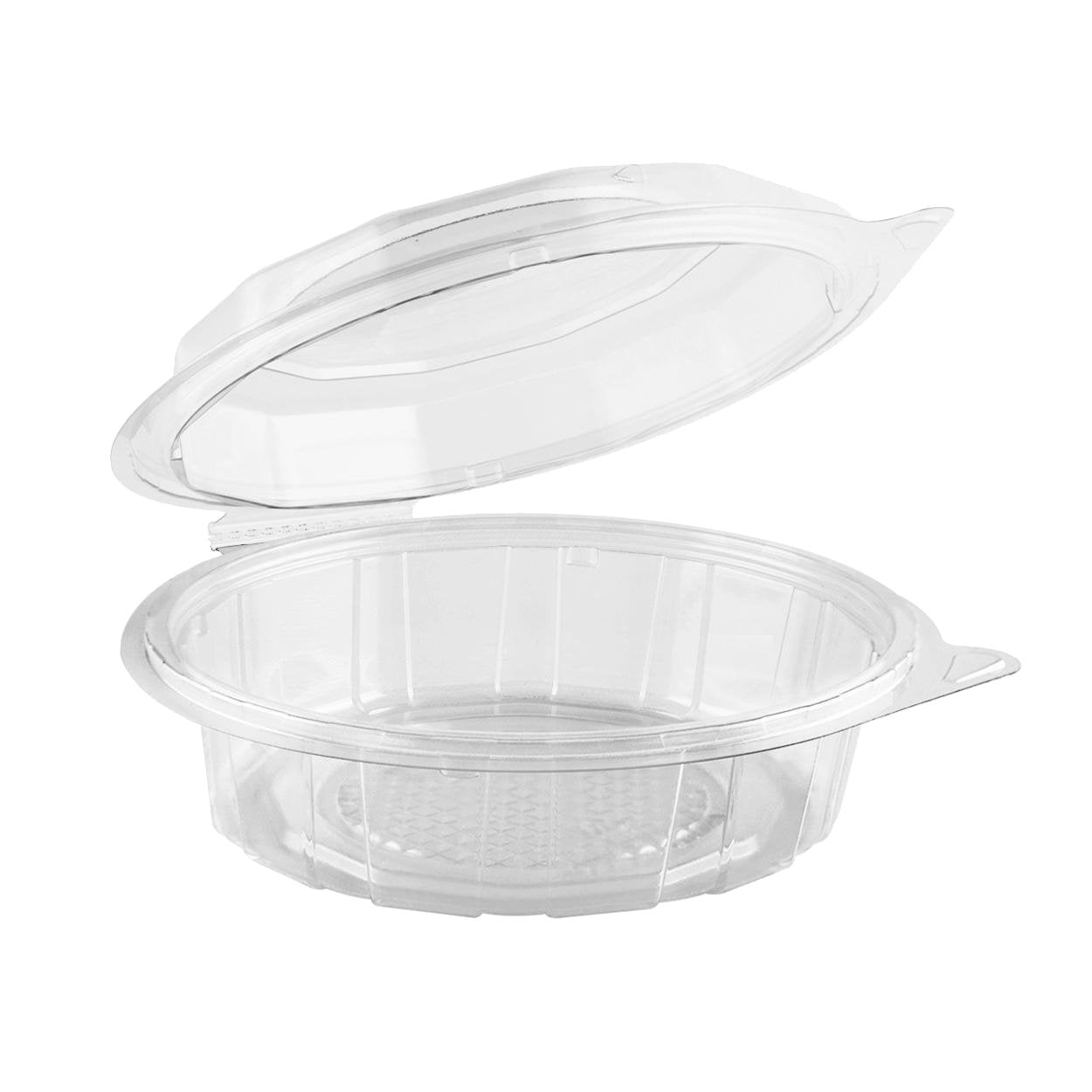7.5″ Round Hinged Container 26 oz Deep Clear Base With Clear  Anti-Fog Tear-Away Lid