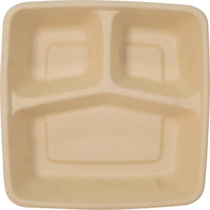 BAGASSE CONTAINER SQUARE 1000ML 3-COMPARTMENT 6x50PCS