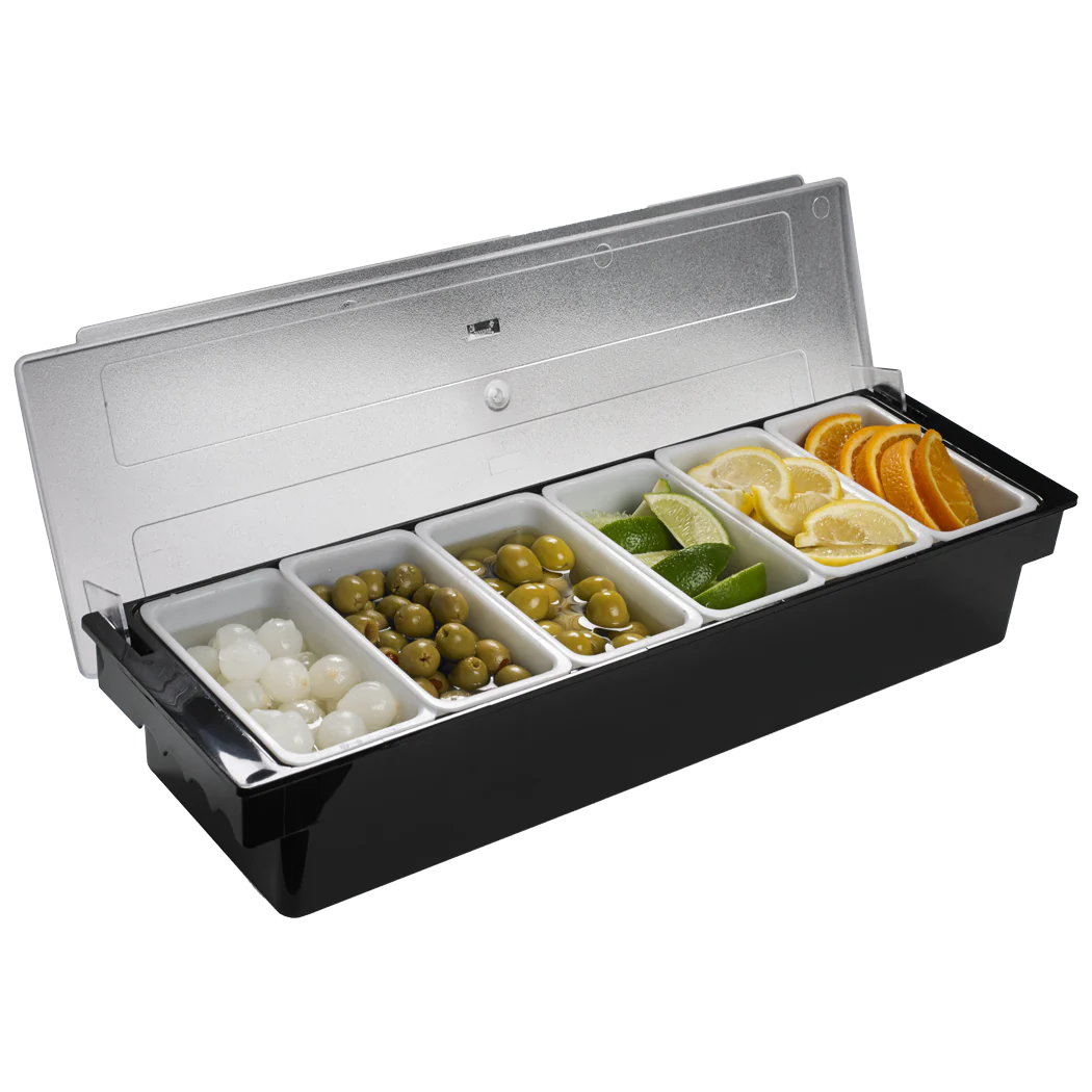 CONDIMENT HOLDER 6-COMPARTMENT 20 X 5 X 6.5" BLACK