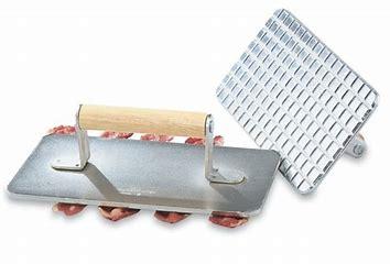 Steak Weight, 8-3/4" x 4-3/4", wooden handle, ribbed flat bottom, gray iron